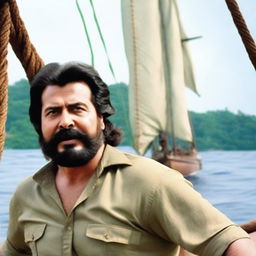 Malayalam actor Mammootty, with long hair tied back, and a long beard and mustache, sailing towards an island