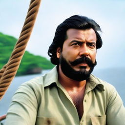 Malayalam actor Mammootty, with long hair tied back, and a long beard and mustache, sailing towards an island