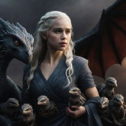 A realistic rendition of Daenerys Targaryen from Game of Thrones with dragon hatchlings, set against a dark, dramatic backdrop