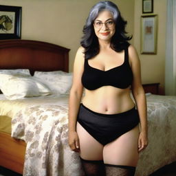 A 47-year-old woman with dark grey hair, medium-sized breasts, and big hips