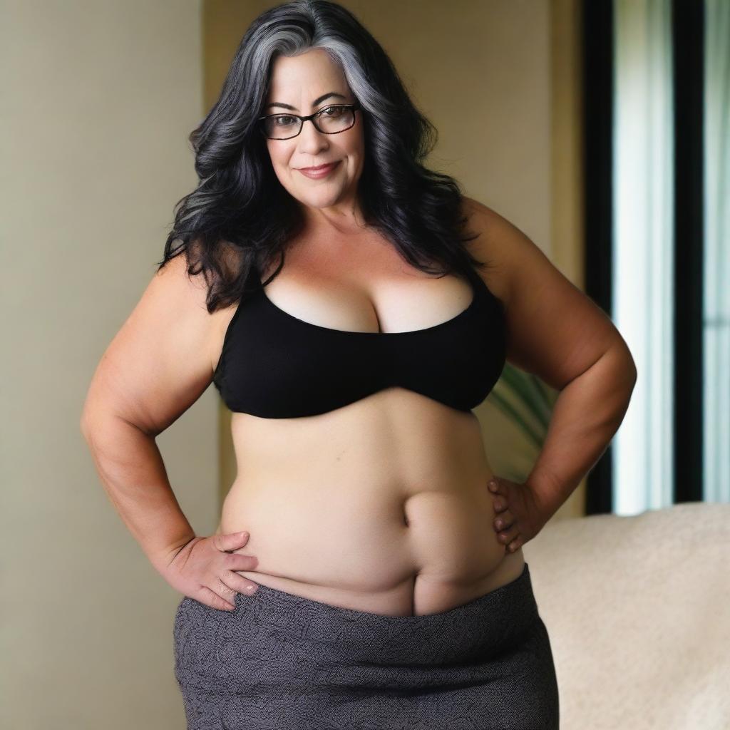 A 47-year-old woman with dark grey hair, medium-sized breasts, and big hips