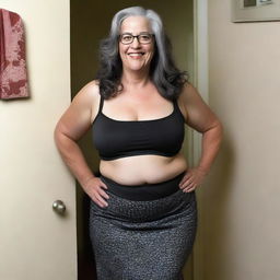 A 47-year-old woman with dark grey hair, medium-sized breasts, and big hips