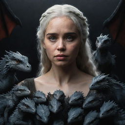 A realistic rendition of Daenerys Targaryen from Game of Thrones with dragon hatchlings, set against a dark, dramatic backdrop