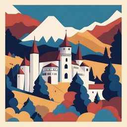 Create an image that captures the essence of Romania, featuring iconic landmarks like Bran Castle and the Carpathian Mountains, traditional folk elements, and a rich color palette reflecting the country's heritage and natural beauty