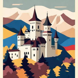 Create an image that captures the essence of Romania, featuring iconic landmarks like Bran Castle and the Carpathian Mountains, traditional folk elements, and a rich color palette reflecting the country's heritage and natural beauty