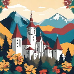 Create an image that captures the essence of Romania, featuring iconic landmarks like Bran Castle and the Carpathian Mountains, traditional folk elements, and a rich color palette reflecting the country's heritage and natural beauty