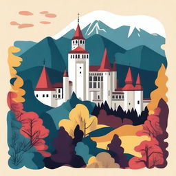 Create an image that captures the essence of Romania, featuring iconic landmarks like Bran Castle and the Carpathian Mountains, traditional folk elements, and a rich color palette reflecting the country's heritage and natural beauty