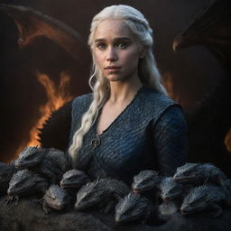 A realistic rendition of Daenerys Targaryen from Game of Thrones with dragon hatchlings, set against a dark, dramatic backdrop