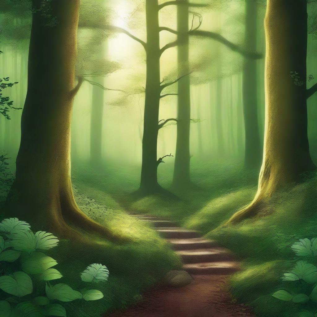 Create a captivating book cover featuring a mysterious forest with a hidden path