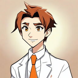 A cartoon 17-year-old character with a side part dark orange brown hair, wearing a white tuxedo