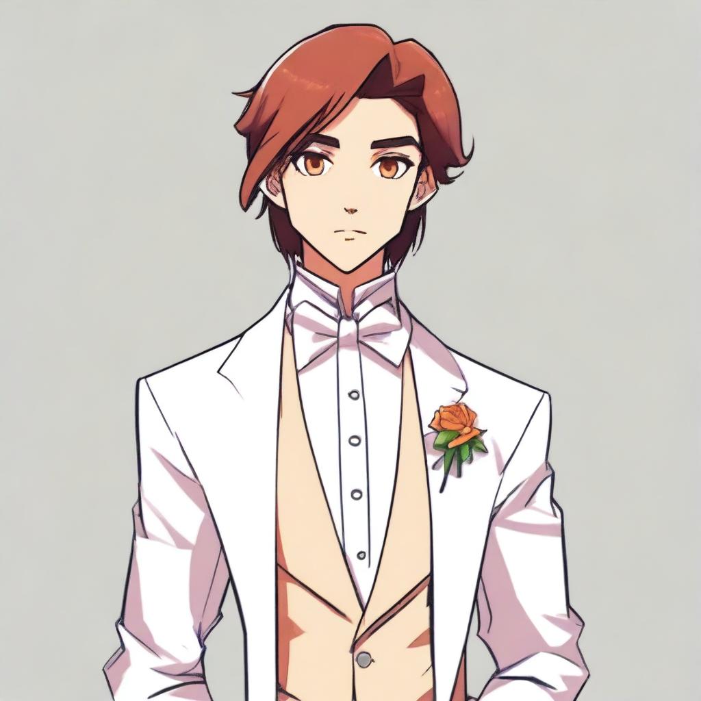 A cartoon 17-year-old character with a side part dark orange brown hair, wearing a white tuxedo