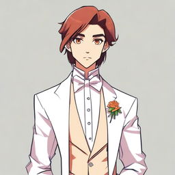 A cartoon 17-year-old character with a side part dark orange brown hair, wearing a white tuxedo