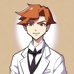 A cartoon 17-year-old character with a side part dark orange brown hair, wearing a white tuxedo