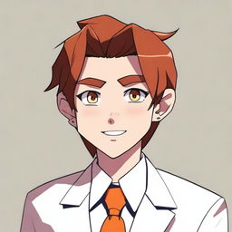 A cartoon 17-year-old character with a side part dark orange brown hair, wearing a white tuxedo