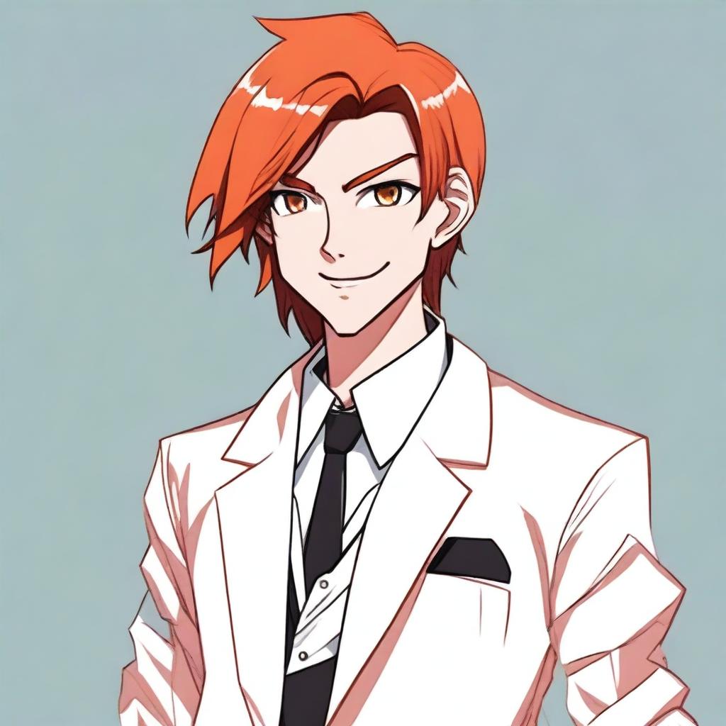 A cartoon 17-year-old character with side part dark orange hair, hazel eyes, and wearing an all-white tuxedo