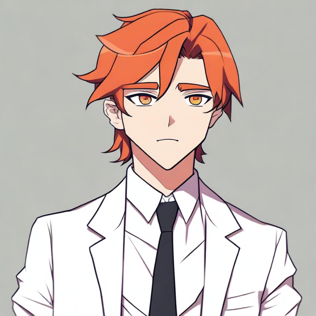 A cartoon 17-year-old character with side part dark orange hair, hazel eyes, and wearing an all-white tuxedo