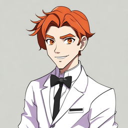 A cartoon 17-year-old character with side part dark orange hair, hazel eyes, and wearing an all-white tuxedo