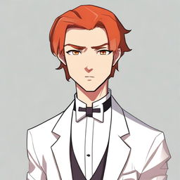 A cartoon 17-year-old character with side part dark orange hair, hazel eyes, and wearing an all-white tuxedo