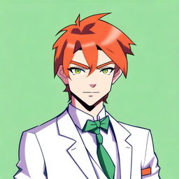 A cartoon 17-year-old character with side part dark orange hair, green eyes, and wearing an all-white tuxedo