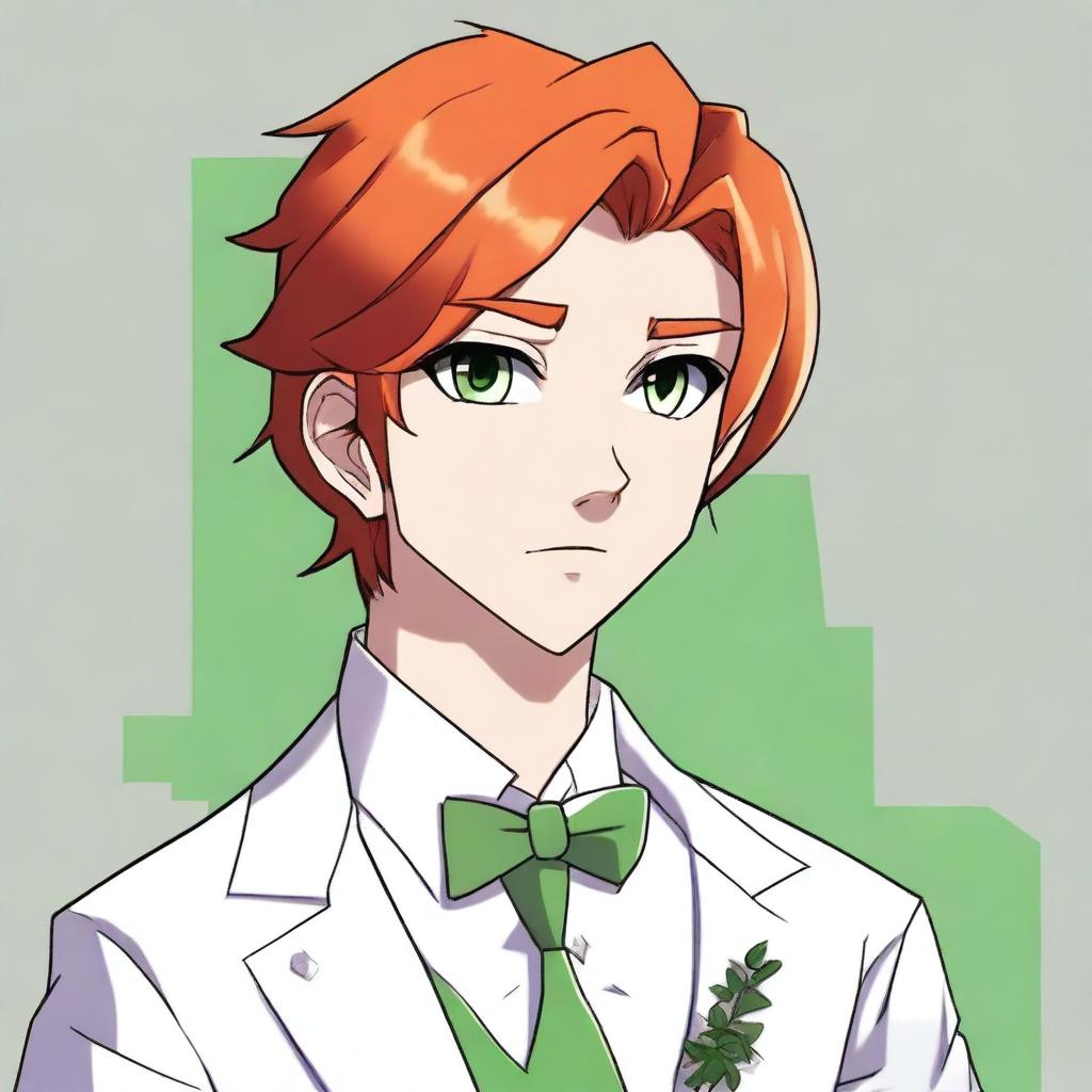 A cartoon 17-year-old character with side part dark orange hair, green eyes, and wearing an all-white tuxedo