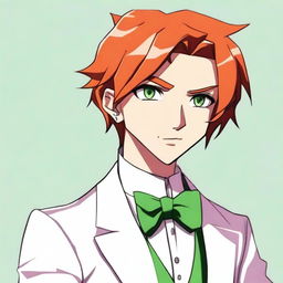 A cartoon 17-year-old character with side part dark orange hair, green eyes, and wearing an all-white tuxedo