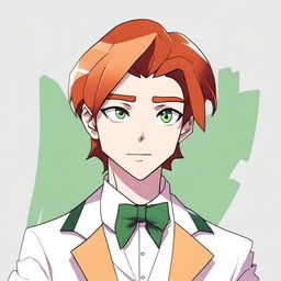 A cartoon 17-year-old character with side part dark orange hair, green eyes, and wearing an all-white tuxedo