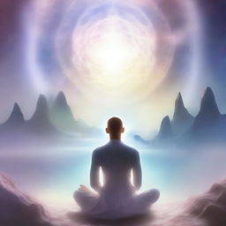 A serene scene depicting a person meditating with closed eyes, surrounded by ethereal, crystalline cities in the fifth dimension