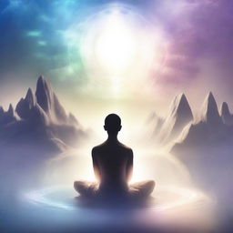 A serene scene depicting a person meditating with closed eyes, surrounded by ethereal, crystalline cities in the fifth dimension