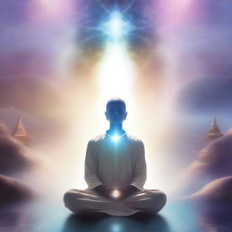 A serene scene depicting a person meditating with closed eyes, surrounded by ethereal, crystalline cities in the fifth dimension