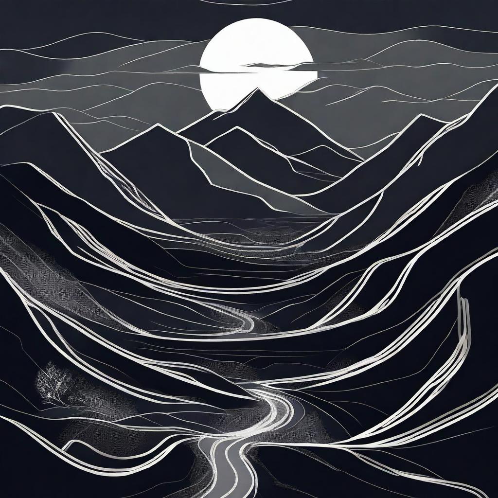 An abstract depiction of winding paths leading up the dark Carpathian Mountains