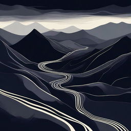 An abstract depiction of winding paths leading up the dark Carpathian Mountains