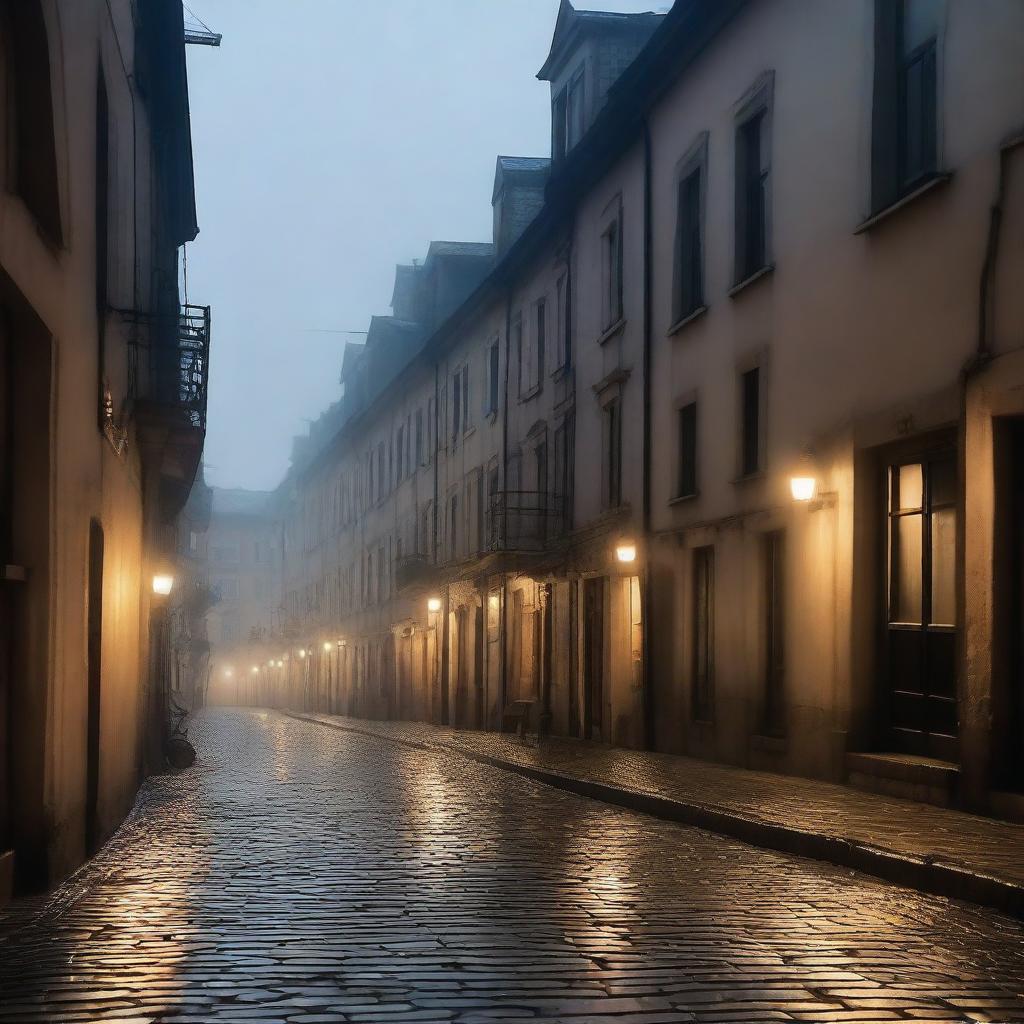 A melancholic scene of dimly lit, cobblestone streets in an old town with aged buildings, overcast sky, and gentle drizzle, evoking nostalgia and sorrow