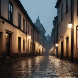 A melancholic scene of dimly lit, cobblestone streets in an old town with aged buildings, overcast sky, and gentle drizzle, evoking nostalgia and sorrow