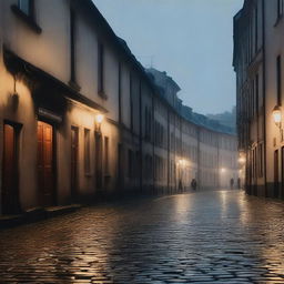 A melancholic scene of dimly lit, cobblestone streets in an old town with aged buildings, overcast sky, and gentle drizzle, evoking nostalgia and sorrow