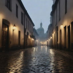 A melancholic scene of dimly lit, cobblestone streets in an old town with aged buildings, overcast sky, and gentle drizzle, evoking nostalgia and sorrow