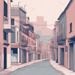 An abstract illustration titled 'Streets of Sweet Sorrow,' depicting a melancholic urban landscape with winding streets, surreal buildings, and a soft, muted color palette, creating a dreamlike and sorrowful atmosphere