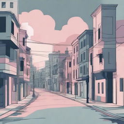 An abstract illustration titled 'Streets of Sweet Sorrow,' depicting a melancholic urban landscape with winding streets, surreal buildings, and a soft, muted color palette, creating a dreamlike and sorrowful atmosphere