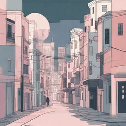 An abstract illustration titled 'Streets of Sweet Sorrow,' depicting a melancholic urban landscape with winding streets, surreal buildings, and a soft, muted color palette, creating a dreamlike and sorrowful atmosphere