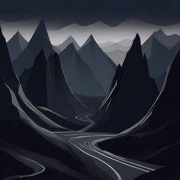 A dark and abstract depiction of a winding road through mountainous terrain, featuring jagged mountains, a twisting road, and surreal elements for a mysterious and foreboding atmosphere