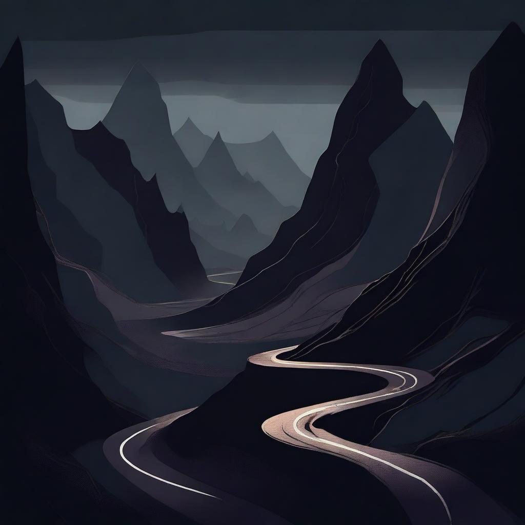 A dark and abstract depiction of a winding road through mountainous terrain, featuring jagged mountains, a twisting road, and surreal elements for a mysterious and foreboding atmosphere