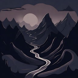 A dark and abstract depiction of a winding road through mountainous terrain, featuring jagged mountains, a twisting road, and surreal elements for a mysterious and foreboding atmosphere