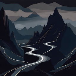 A dark and abstract depiction of a winding road through mountainous terrain, featuring jagged mountains, a twisting road, and surreal elements for a mysterious and foreboding atmosphere