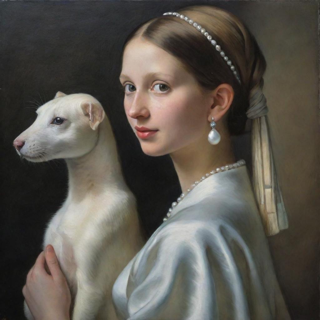 A harmonious blend of the paintings 'Girl with Pearl Earrings' and 'Lady with an Ermine', retaining the core elements of both paintings in a cohesive composition.