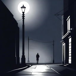 A dark and abstract illustration of a single street with a solitary lamp post casting an eerie glow, surrounded by a shadowy, surreal background