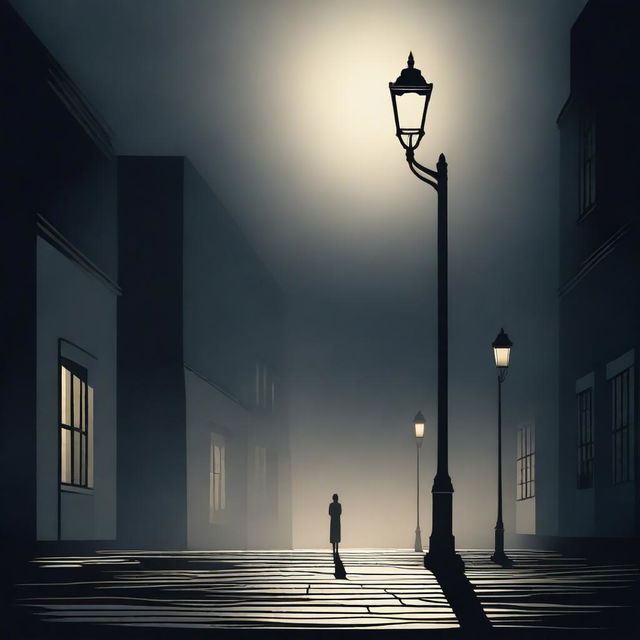 A dark and abstract illustration of a single street with a solitary lamp post casting an eerie glow, surrounded by a shadowy, surreal background