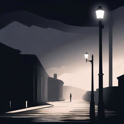 A dark and abstract illustration of a single street with a solitary lamp post casting an eerie glow, surrounded by a shadowy, surreal background