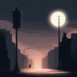 A dark and abstract illustration of a single street with a solitary lamp post casting an eerie glow, surrounded by a shadowy, surreal background