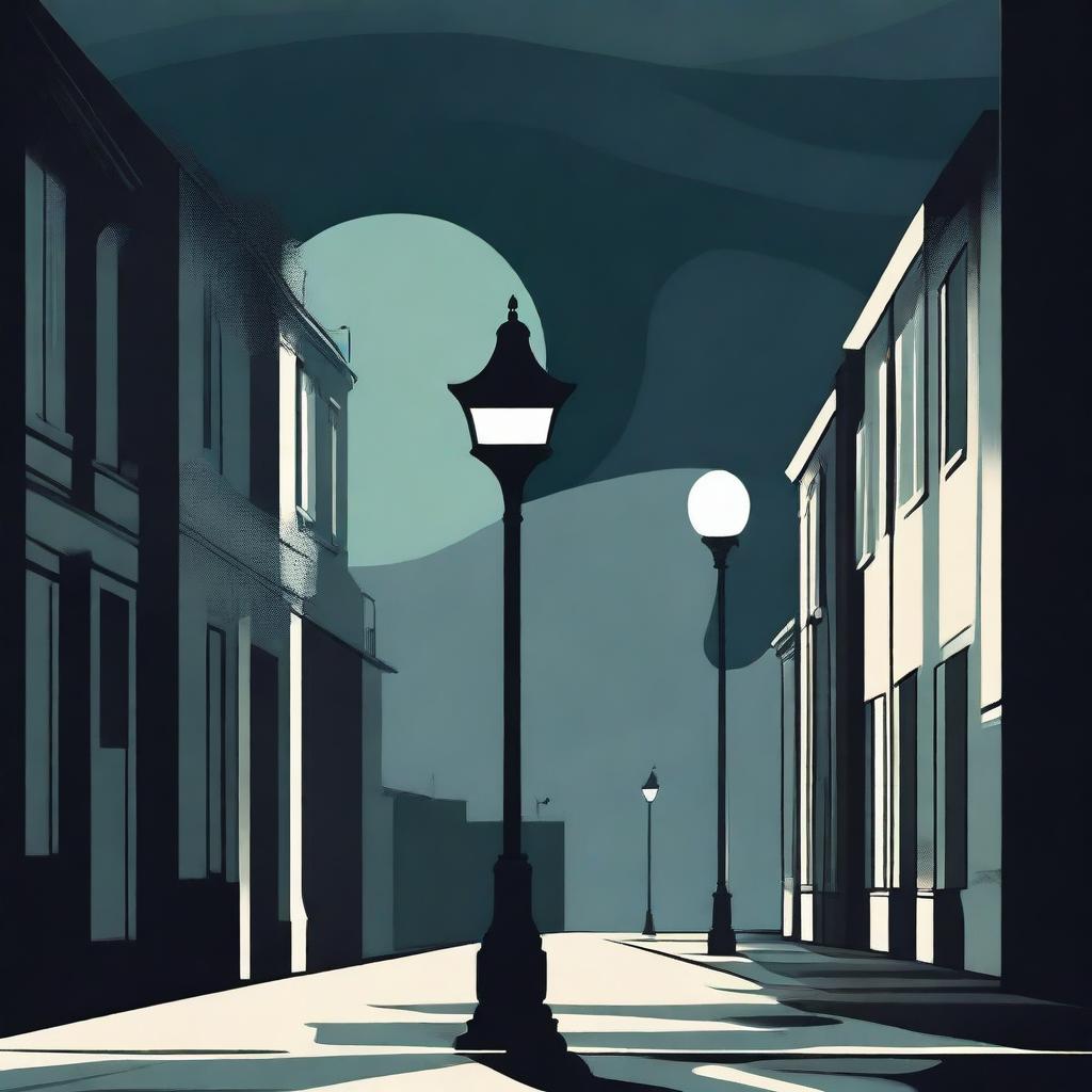 An abstract and funky illustration of a single street with a solitary lamp post in a dark, moody atmosphere, featuring surreal shapes and patterns