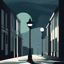 An abstract and funky illustration of a single street with a solitary lamp post in a dark, moody atmosphere, featuring surreal shapes and patterns