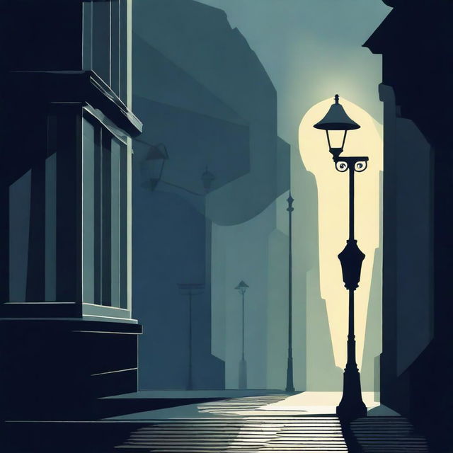 An abstract and funky illustration of a single street with a solitary lamp post in a dark, moody atmosphere, featuring surreal shapes and patterns